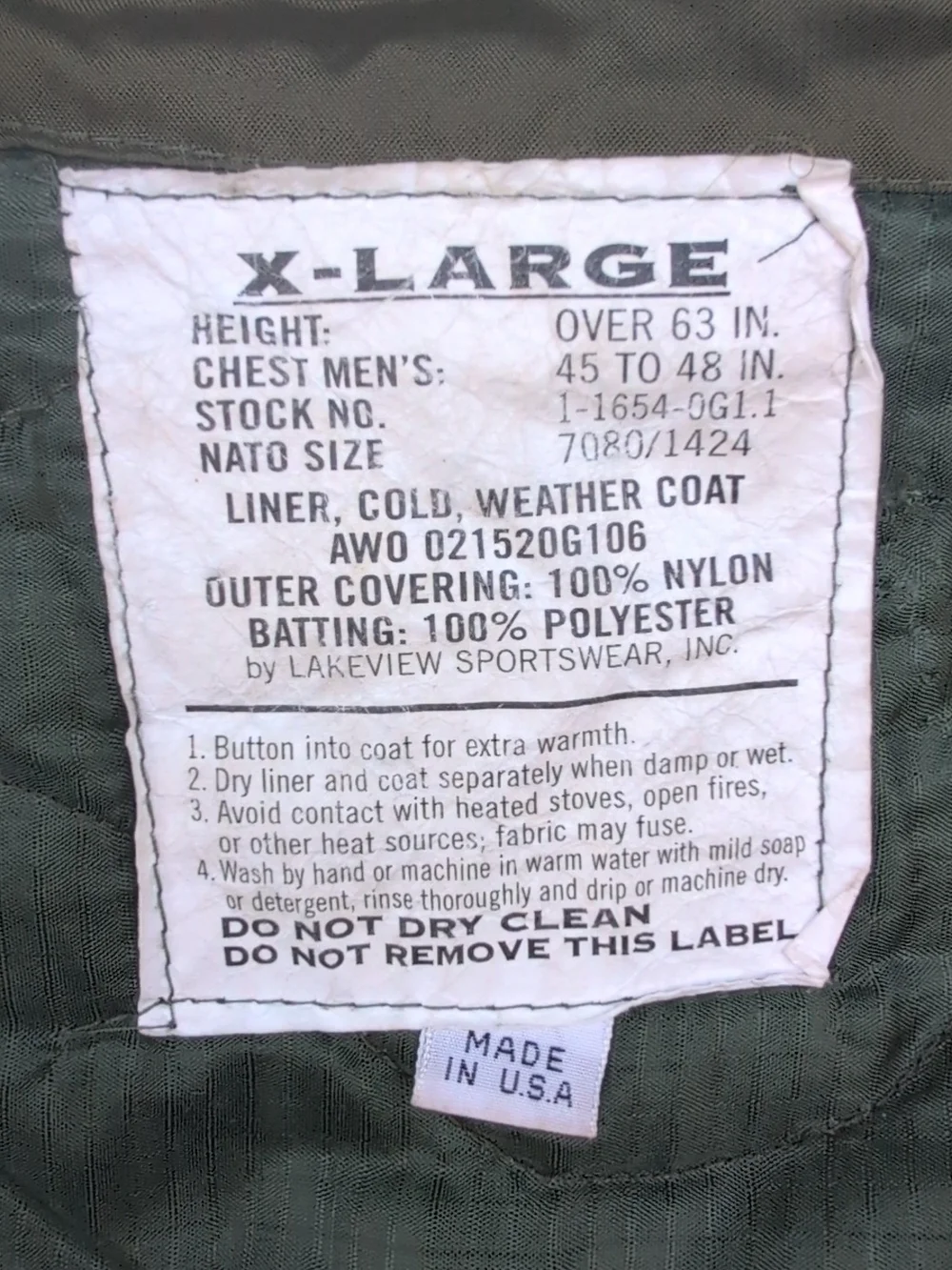 Vtg US Military M65 Jacket Extra Large Green Cold Weather Removable Liner OG106